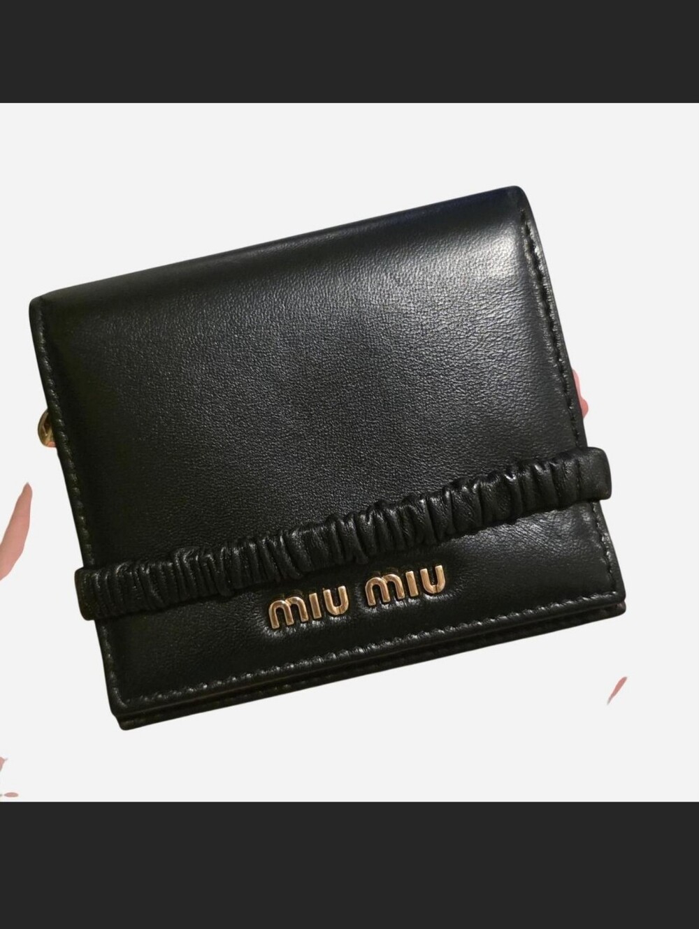 Miu Miu Black Leather Ruched Trim Card Holder with Gold Logo